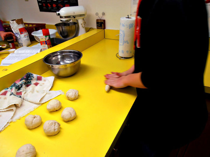 After the dough was kneaded completely we started rolling the dough out so that it was thin enough that we could shape it easily.